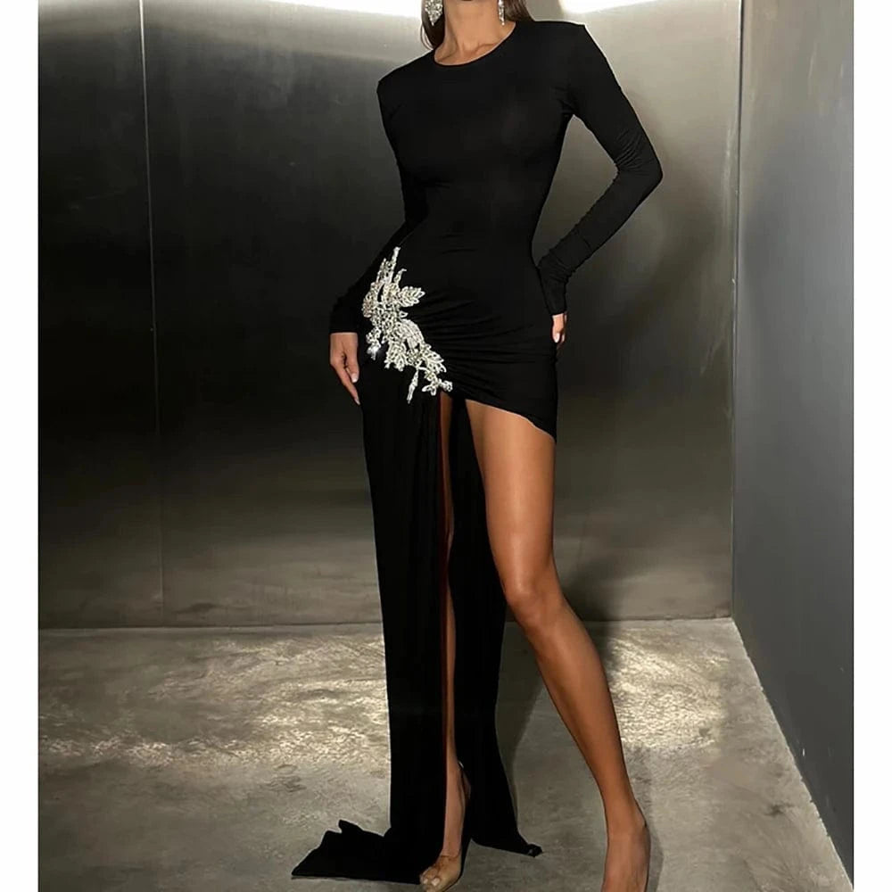 Stylish New Long-sleeved Black Mini Dress for Women Unique Asymmetric Ruched Fish Tail to the Ground Design Evening Party Dress