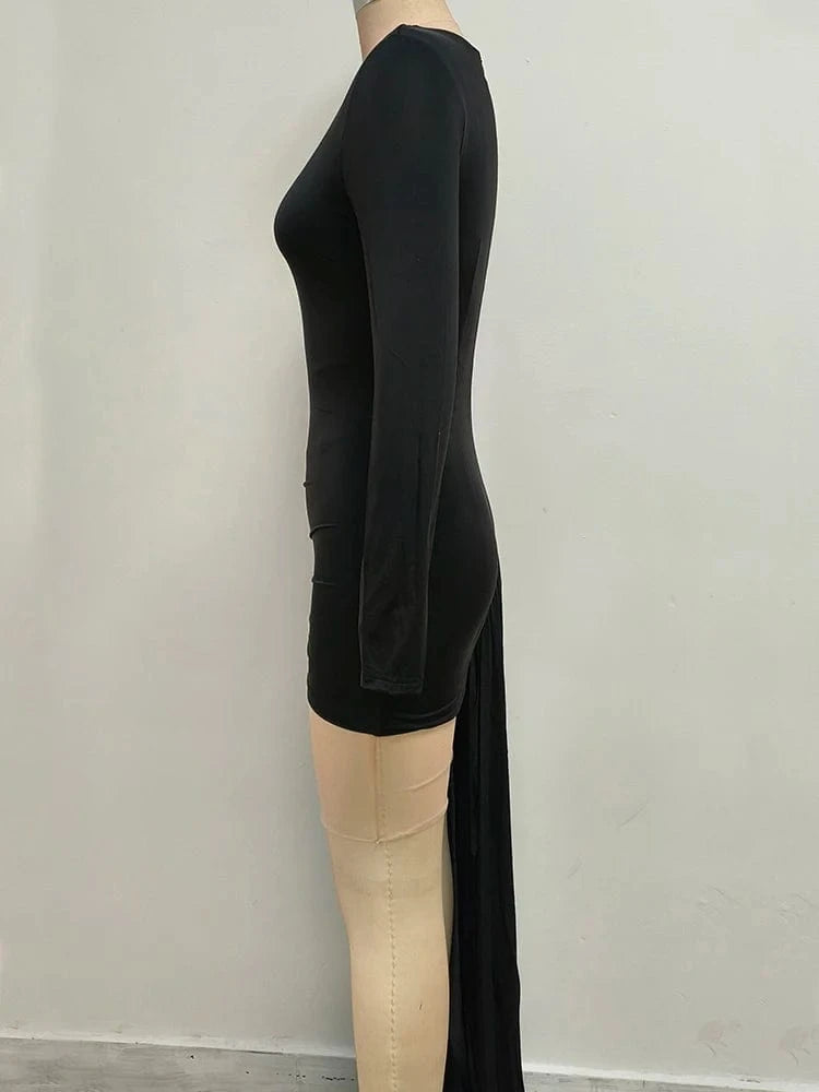Stylish New Long-sleeved Black Mini Dress for Women Unique Asymmetric Ruched Fish Tail to the Ground Design Evening Party Dress