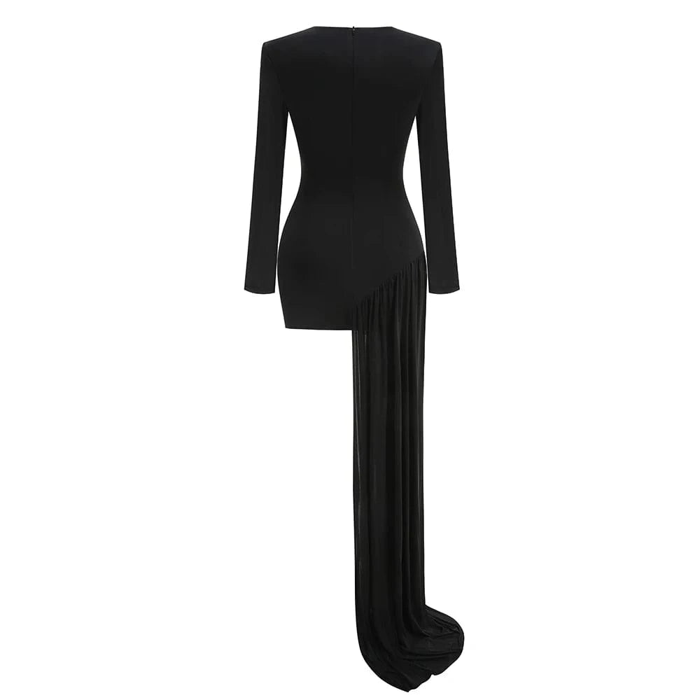 Stylish New Long-sleeved Black Mini Dress for Women Unique Asymmetric Ruched Fish Tail to the Ground Design Evening Party Dress