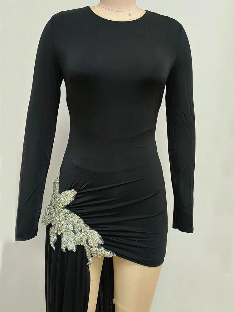 Stylish New Long-sleeved Black Mini Dress for Women Unique Asymmetric Ruched Fish Tail to the Ground Design Evening Party Dress