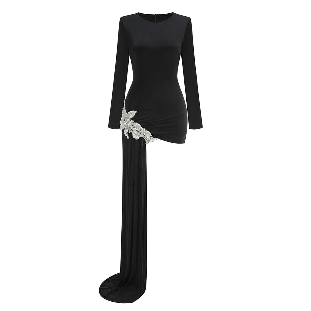 Stylish New Long-sleeved Black Mini Dress for Women Unique Asymmetric Ruched Fish Tail to the Ground Design Evening Party Dress