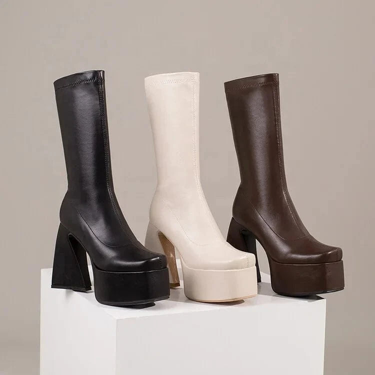 Stylish Stretch Half Knee High Platform Boots Women Chunky Heels Shoes Large Size 48 Slip on Calf Booties Wide Fit Ladies Booty