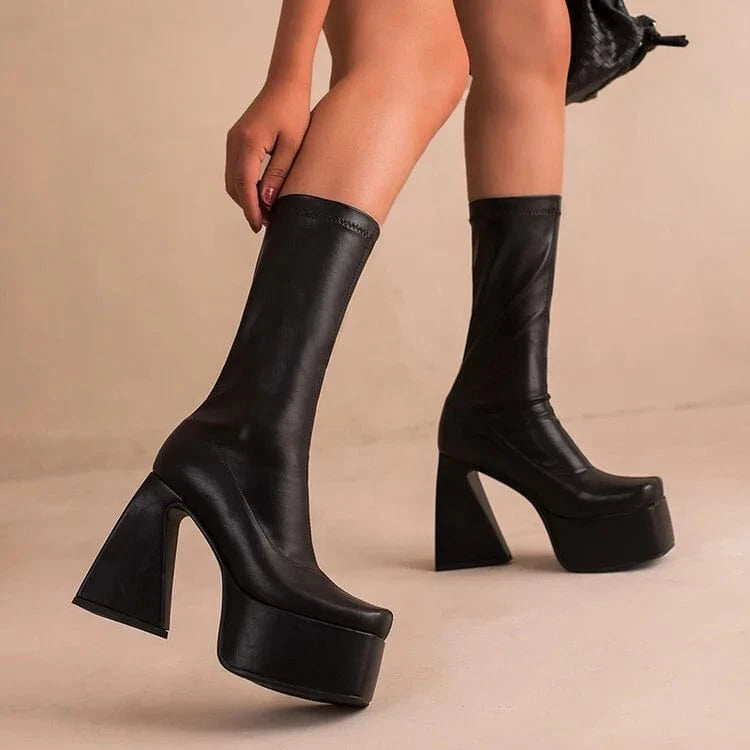 Stylish Stretch Half Knee High Platform Boots Women Chunky Heels Shoes Large Size 48 Slip on Calf Booties Wide Fit Ladies Booty