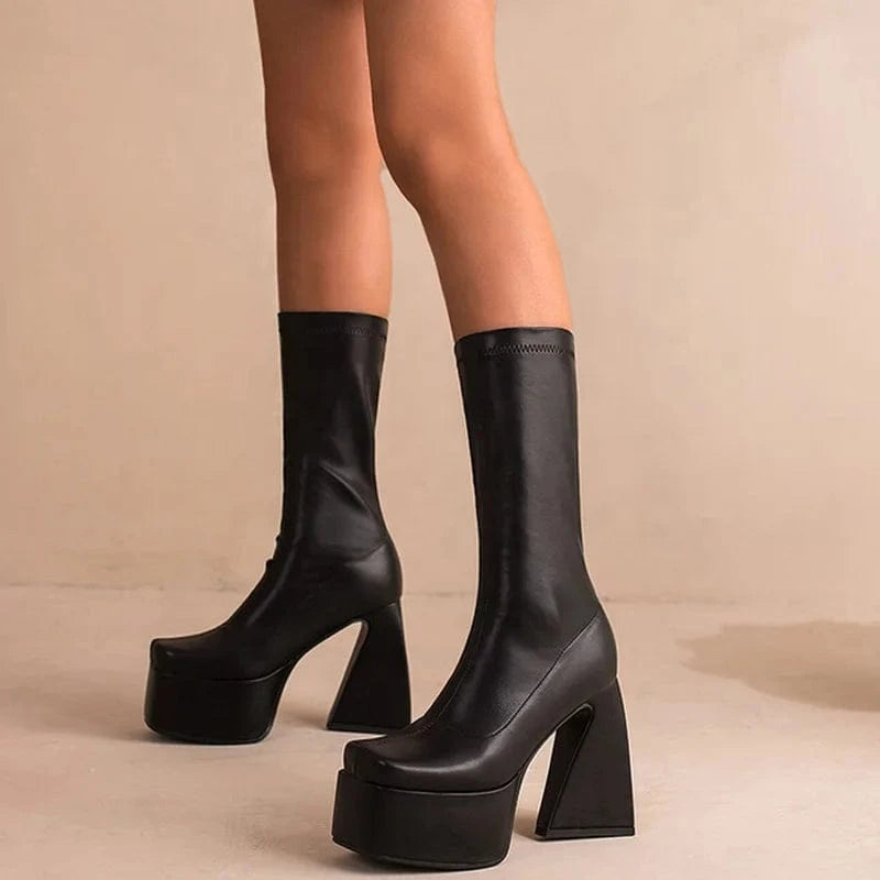 Stylish Stretch Half Knee High Platform Boots Women Chunky Heels Shoes Large Size 48 Slip on Calf Booties Wide Fit Ladies Booty