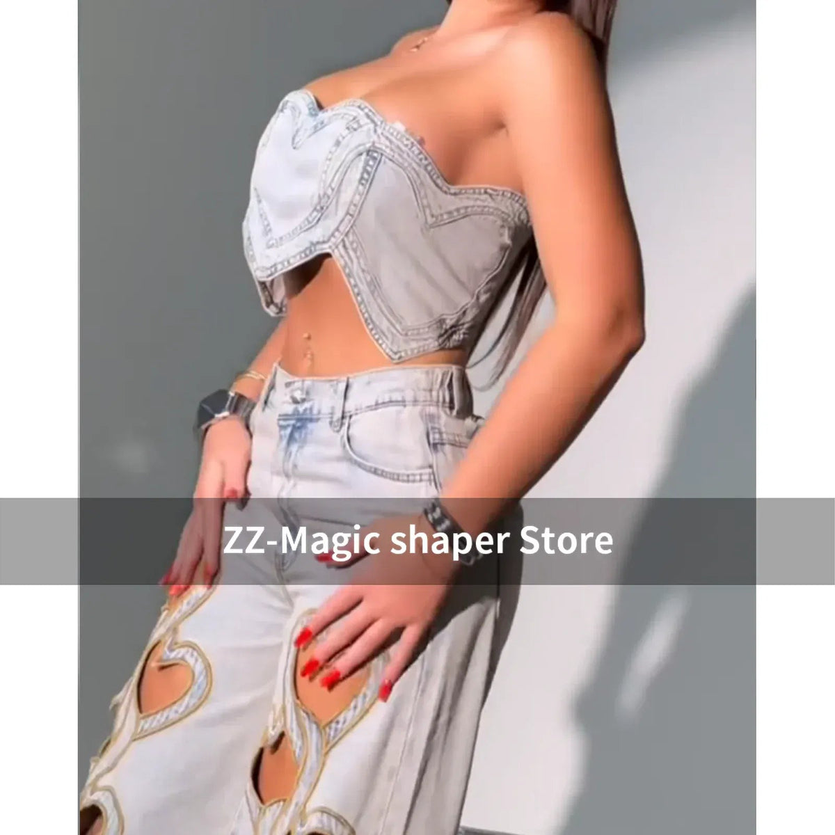 Stylish Wide Leg Trousers Denim Pants High Waisted Heart - Shaped Hollow Straight Leg Jeans Set Women's Loose Jeans Streewear - SN Wigs & More