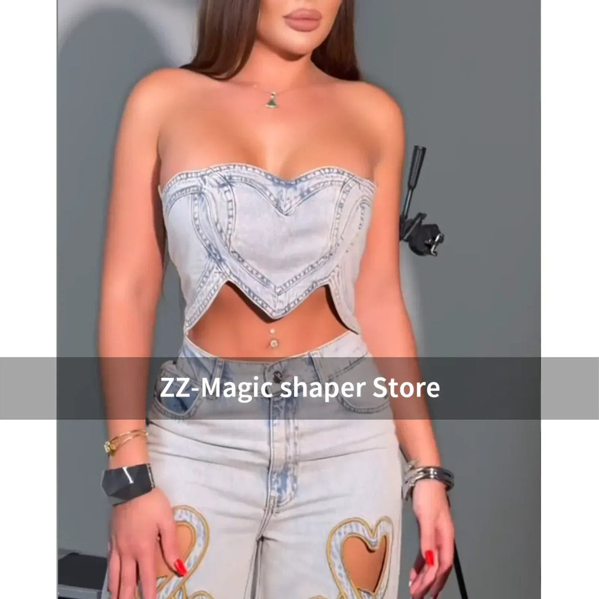 Stylish Wide Leg Trousers Denim Pants High Waisted Heart - Shaped Hollow Straight Leg Jeans Set Women's Loose Jeans Streewear - SN Wigs & More
