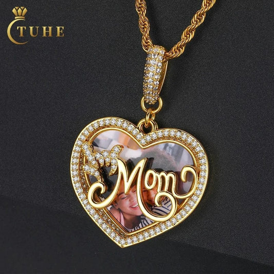Sublimation Jewelry Punk Men Women Iced Out MOM Heart Custom Photo Memory Pendant Necklace With Gift Box