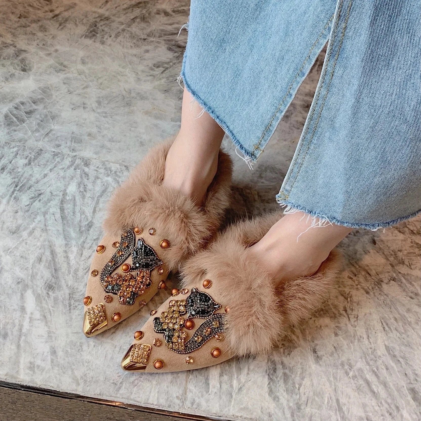 Suede Furry Inside Casual Outdoor Slippers Closed Toe Female Women Loafer Flat shoes with Diamonds