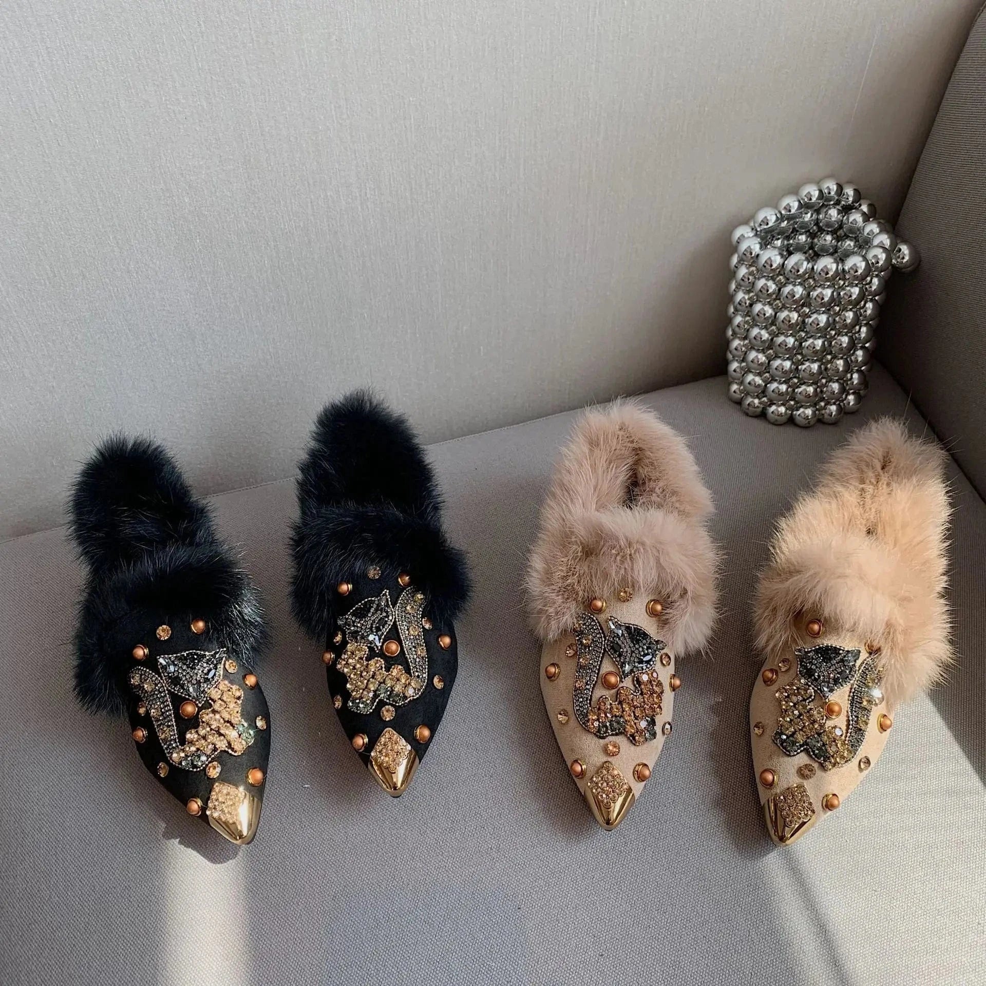 Suede Furry Inside Casual Outdoor Slippers Closed Toe Female Women Loafer Flat shoes with Diamonds