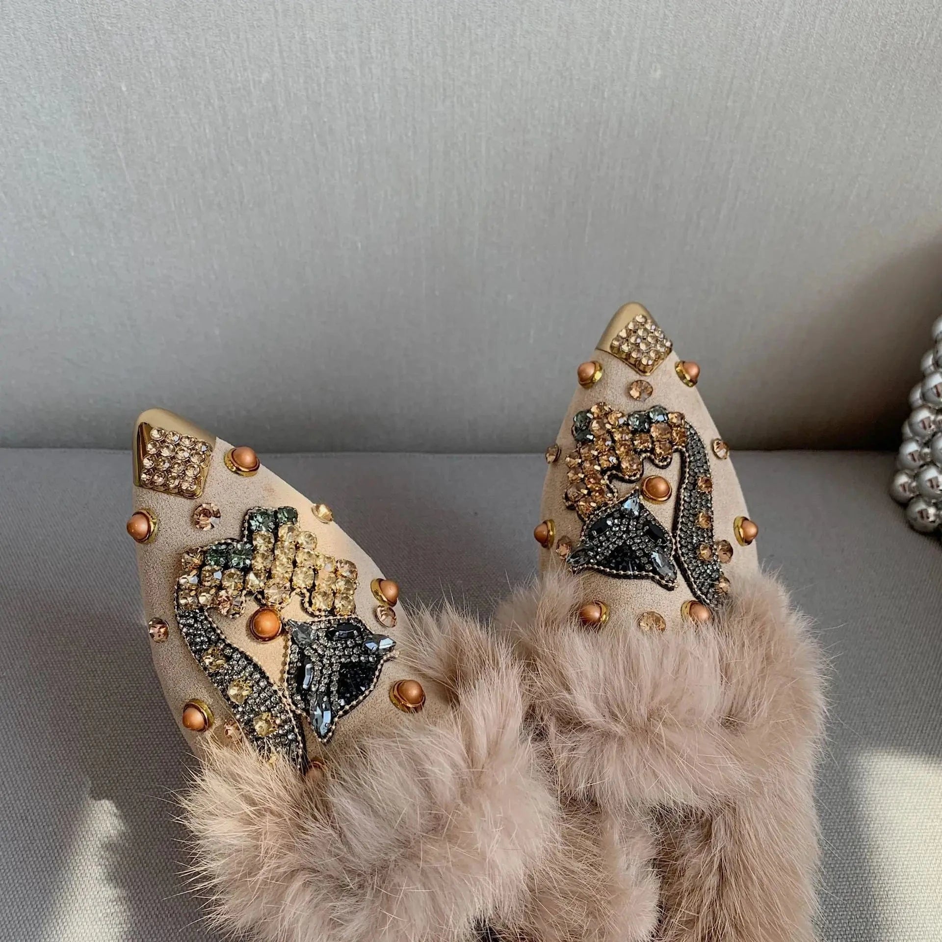 Suede Furry Inside Casual Outdoor Slippers Closed Toe Female Women Loafer Flat shoes with Diamonds