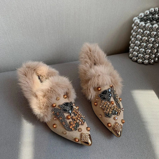 Suede Furry Inside Casual Outdoor Slippers Closed Toe Female Women Loafer Flat shoes with Diamonds