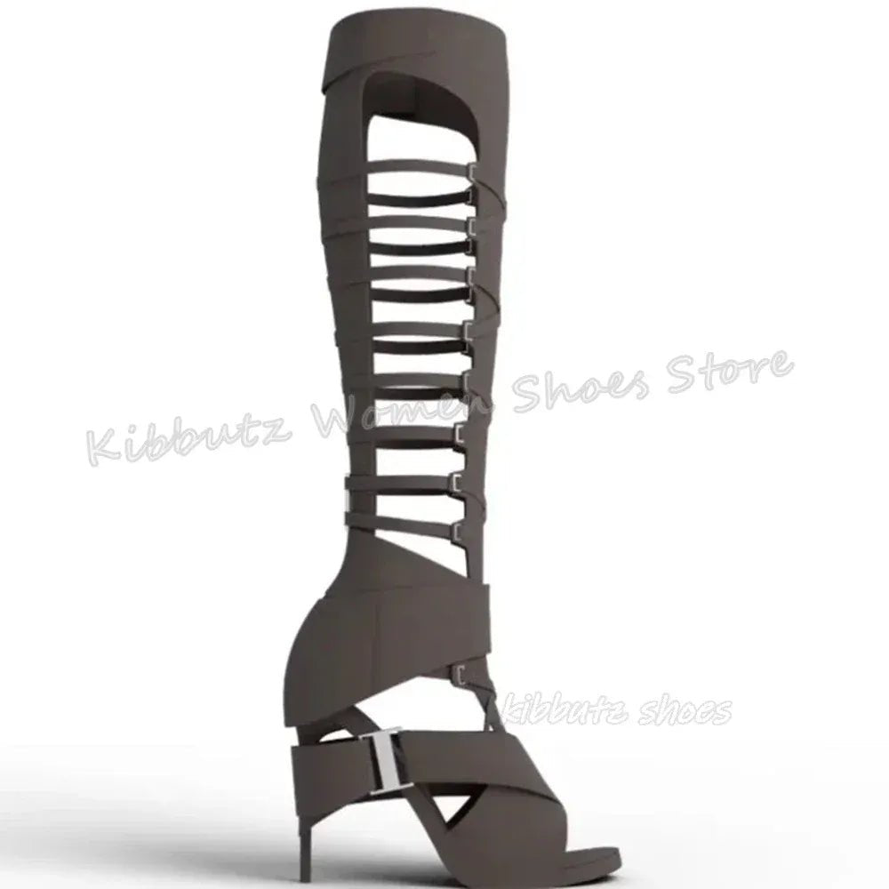 Suede Sandal Knee High Boots Cross Strap Solid Color Hollow Fashion Elegant Concise Sexy Women Shoes Newest Round Toe Thin Heels - SN Wigs & More