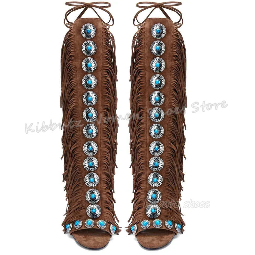 Suede Tassels Sandals Knee High Boots Crystal Glossy Solid Color Cross Strap Fashion Luxury Elegant Concise Women Shoes Newest