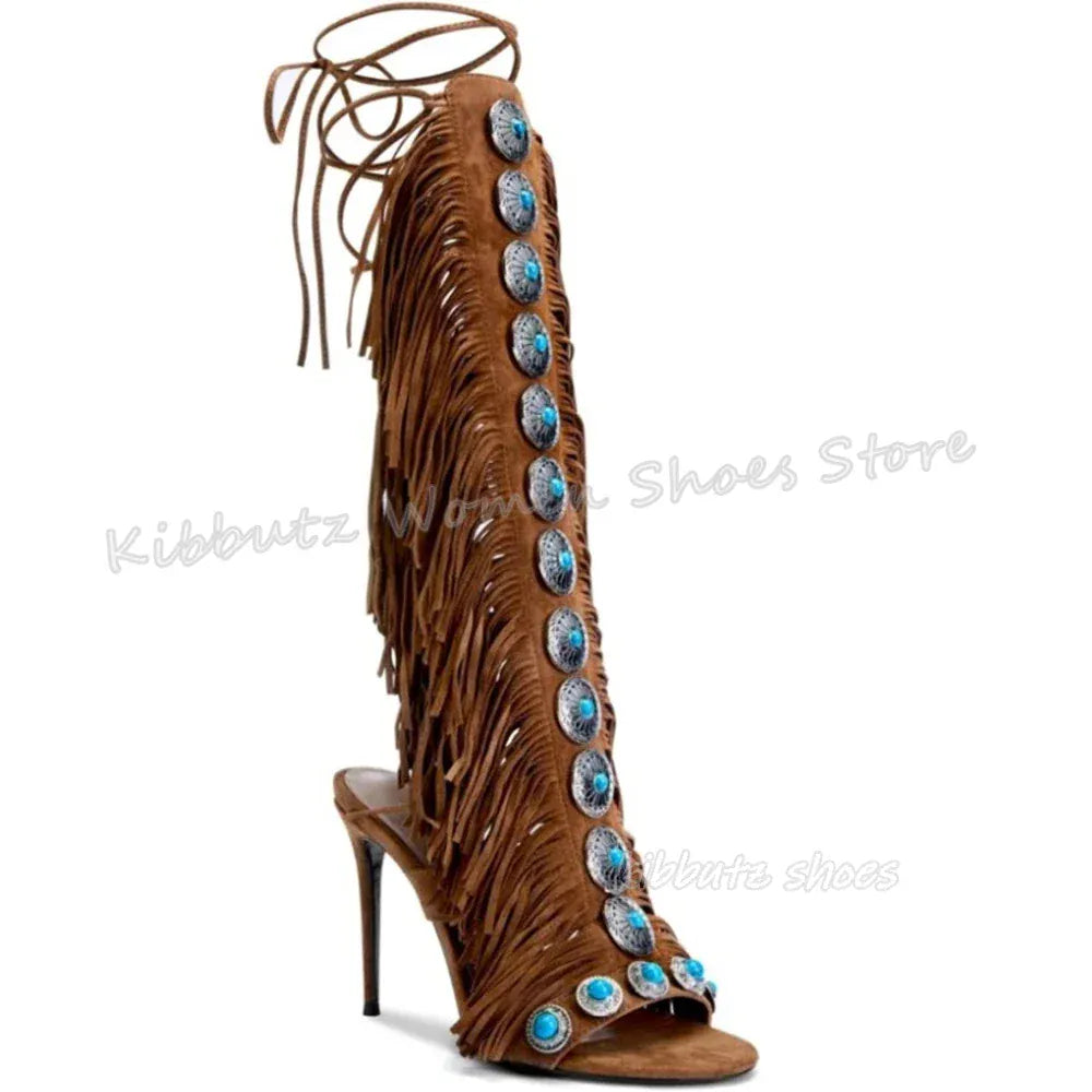 Suede Tassels Sandals Knee High Boots Crystal Glossy Solid Color Cross Strap Fashion Luxury Elegant Concise Women Shoes Newest