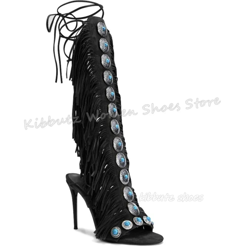 Suede Tassels Sandals Knee High Boots Crystal Glossy Solid Color Cross Strap Fashion Luxury Elegant Concise Women Shoes Newest