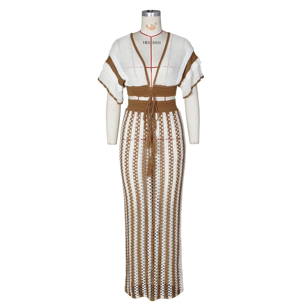 Summer 2 Pieces Women Vacation Outfits Striped Knitted Dress Sets Hollow Out Long Skirts and Short Sleeve V-Neck Crop Tops Set
