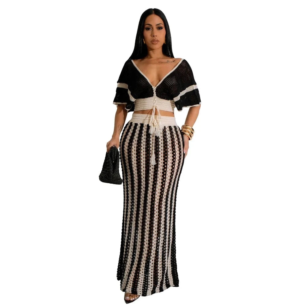 Summer 2 Pieces Women Vacation Outfits Striped Knitted Dress Sets Hollow Out Long Skirts and Short Sleeve V-Neck Crop Tops Set