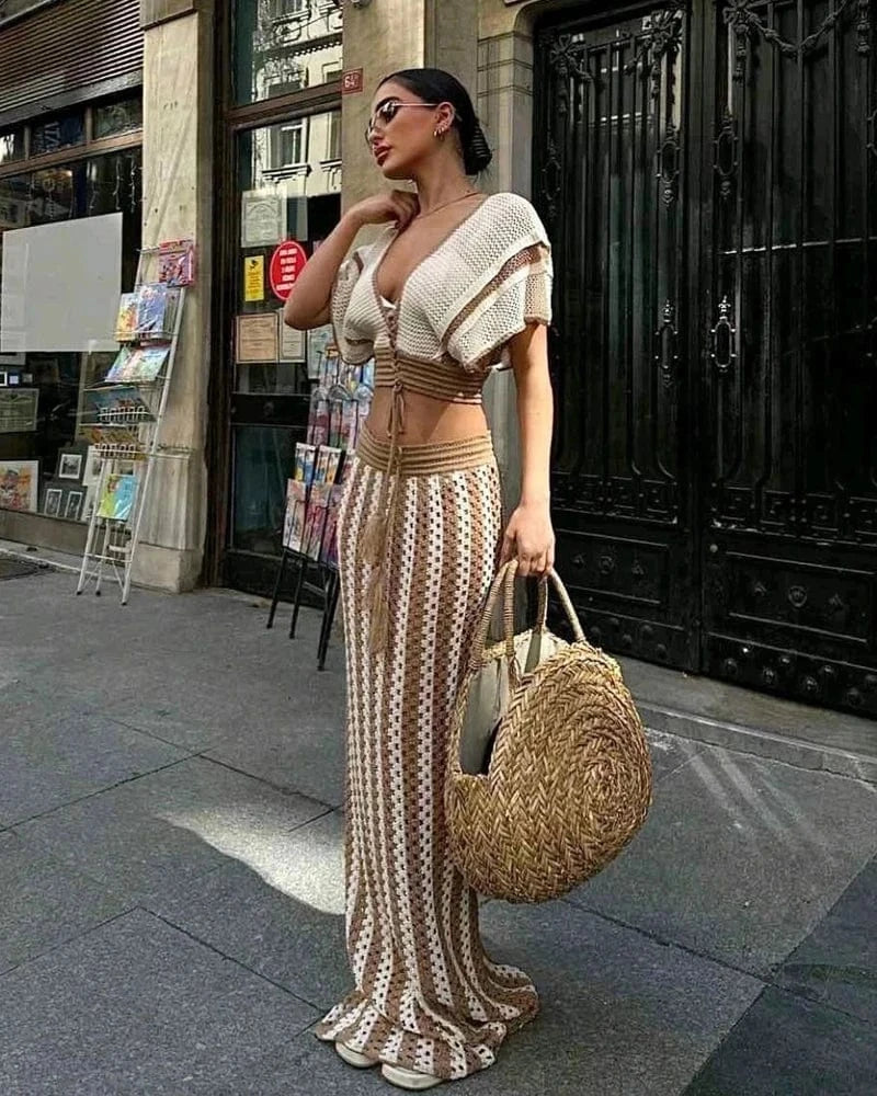 Summer 2 Pieces Women Vacation Outfits Striped Knitted Dress Sets Hollow Out Long Skirts and Short Sleeve V-Neck Crop Tops Set