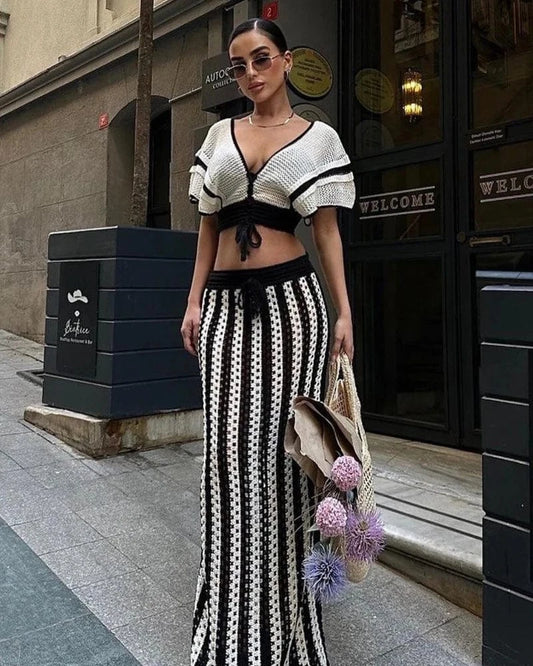 Summer 2 Pieces Women Vacation Outfits Striped Knitted Dress Sets Hollow Out Long Skirts and Short Sleeve V-Neck Crop Tops Set