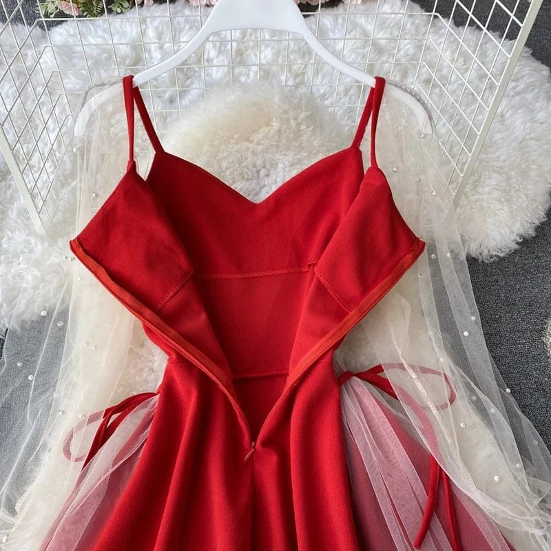 Summer 2022 Hot Sale Bubble Sleeve V-neck Stitching Mesh Beads A-line Dress For Women Slimming Waist Mid-length Dress Wholesale