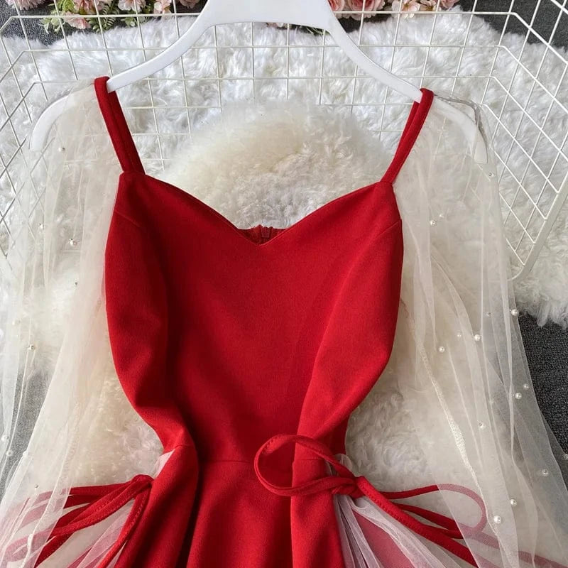 Summer 2022 Hot Sale Bubble Sleeve V-neck Stitching Mesh Beads A-line Dress For Women Slimming Waist Mid-length Dress Wholesale