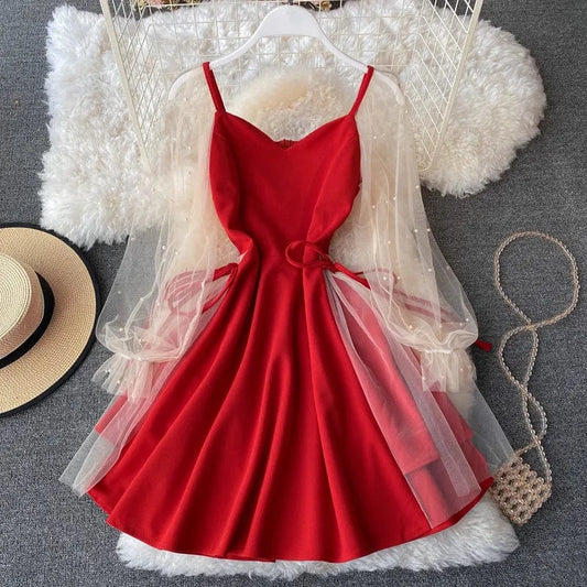 Summer 2022 Hot Sale Bubble Sleeve V-neck Stitching Mesh Beads A-line Dress For Women Slimming Waist Mid-length Dress Wholesale