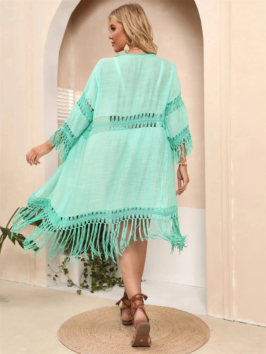 Summer 2024 bikinis beachwear Crochet paneled loose fringed cardigan resort-style Cover Up beachwear