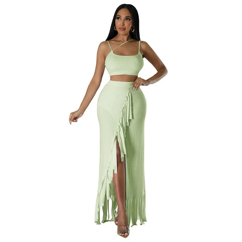 summer 2024 hot sale women luxury fashion new launch fringe tassel high slit skirt and tank top two 2 piece set outfit for women