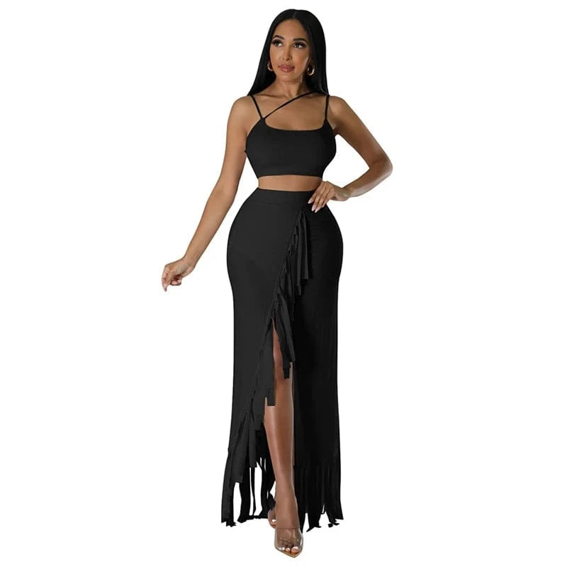 summer 2024 hot sale women luxury fashion new launch fringe tassel high slit skirt and tank top two 2 piece set outfit for women