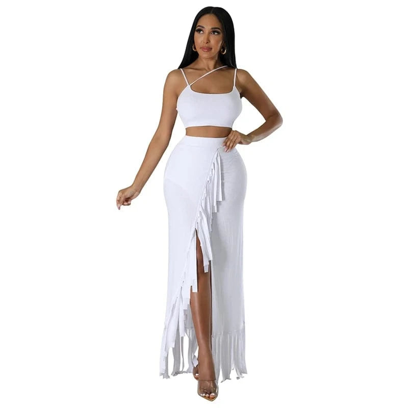 summer 2024 hot sale women luxury fashion new launch fringe tassel high slit skirt and tank top two 2 piece set outfit for women