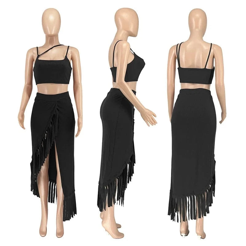 summer 2024 hot sale women luxury fashion new launch fringe tassel high slit skirt and tank top two 2 piece set outfit for women