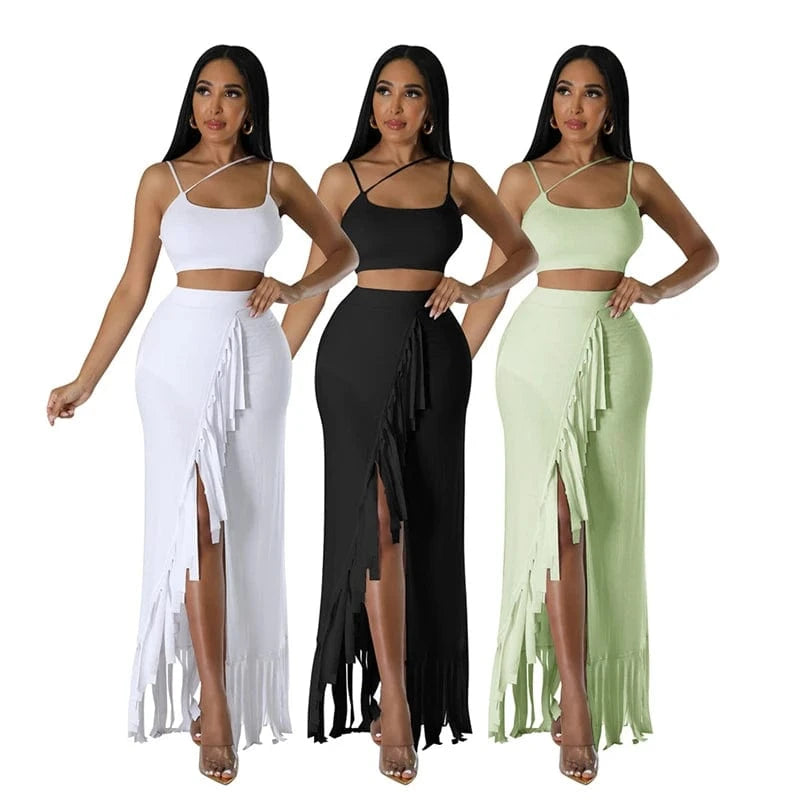 summer 2024 hot sale women luxury fashion new launch fringe tassel high slit skirt and tank top two 2 piece set outfit for women