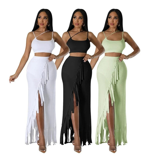 summer 2024 hot sale women luxury fashion new launch fringe tassel high slit skirt and tank top two 2 piece set outfit for women