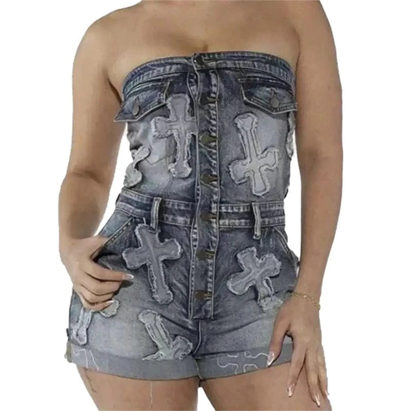 summer 2024 luxury women ladies sexy embroidery strapless jeans denim cargo shorts bodysuit romper overall jumpsuit for women
