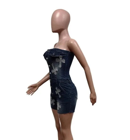 summer 2024 luxury women ladies sexy embroidery strapless jeans denim cargo shorts bodysuit romper overall jumpsuit for women