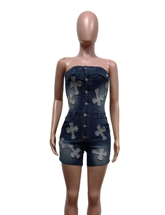summer 2024 luxury women ladies sexy embroidery strapless jeans denim cargo shorts bodysuit romper overall jumpsuit for women