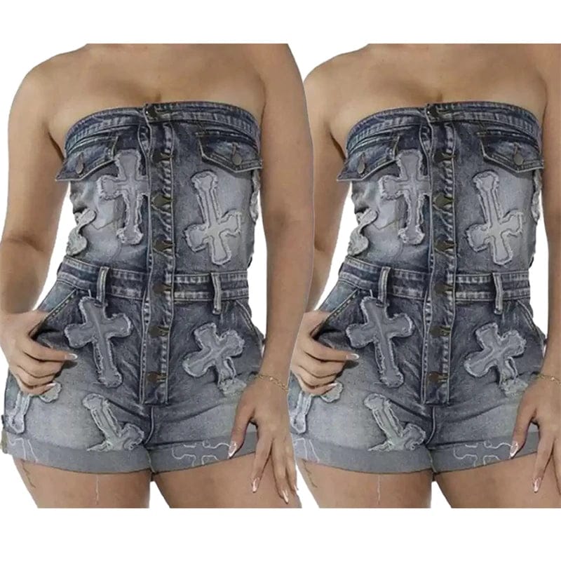 summer 2024 luxury women ladies sexy embroidery strapless jeans denim cargo shorts bodysuit romper overall jumpsuit for women