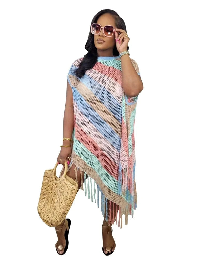 summer 2024 new arrivals women sexy boho trendy patchwork color beach bikini matching crochet knit oversized long cover up dress