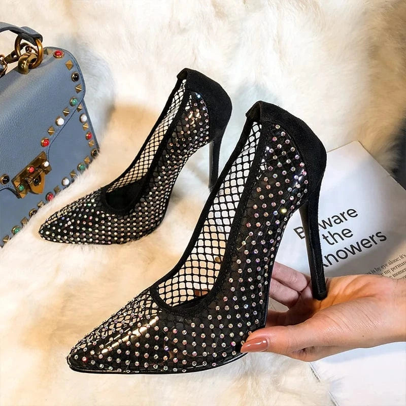 Summer 2024 NEW Fashion Sequins Mesh surface Women Pumps Pointed end Thin High Heel Shoe Stiletto Heels Dance Wedding 35-42