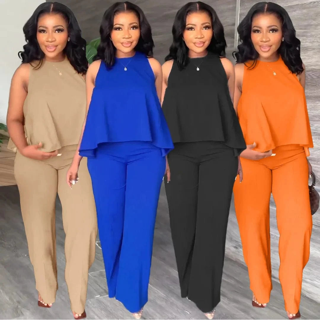 Summer 2024 New Solid color Round neck suit slepless puller top Two-piece set of elastic-waisted Wide-leg pants