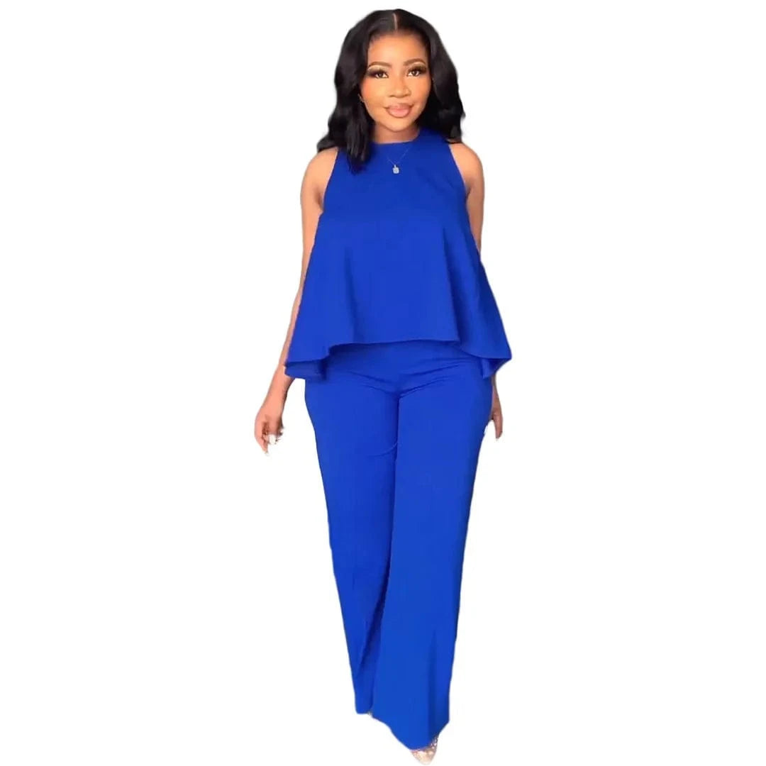 Summer 2024 New Solid color Round neck suit slepless puller top Two-piece set of elastic-waisted Wide-leg pants