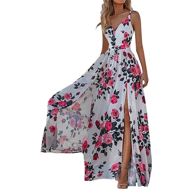 summer 2024 women ladies holiday vacation boho bohemian casual white floral print maxi long split dress free shipping for women