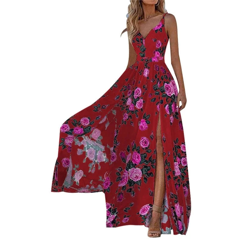 summer 2024 women ladies holiday vacation boho bohemian casual white floral print maxi long split dress free shipping for women