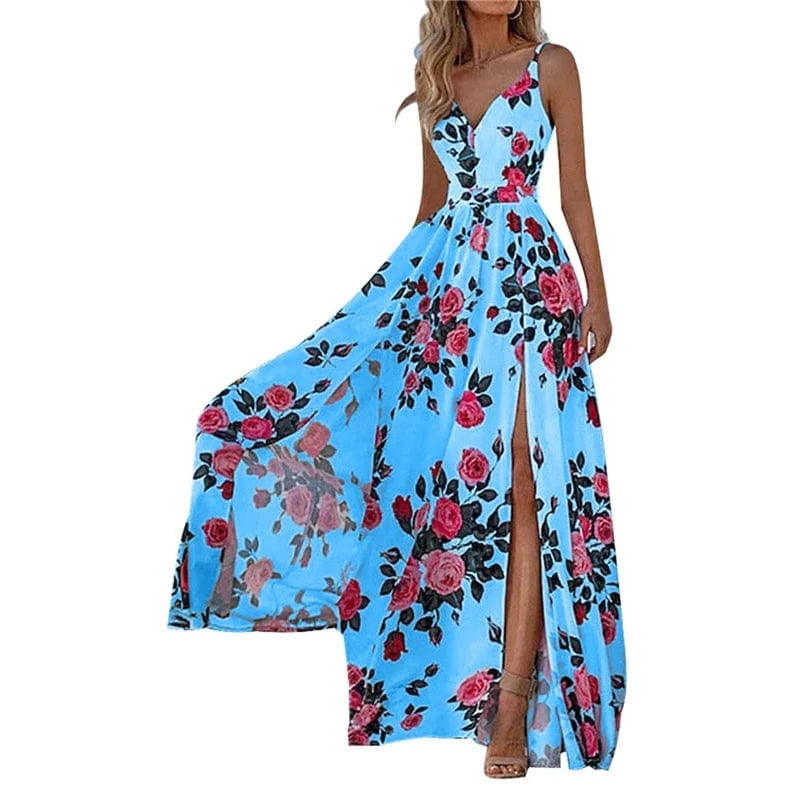 summer 2024 women ladies holiday vacation boho bohemian casual white floral print maxi long split dress free shipping for women