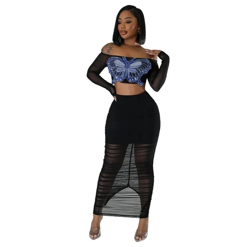 summer 2024 women ladies sexy beach mesh sheer two 2 piece butterfly crop top and long skirt bodycon set for women with skirt