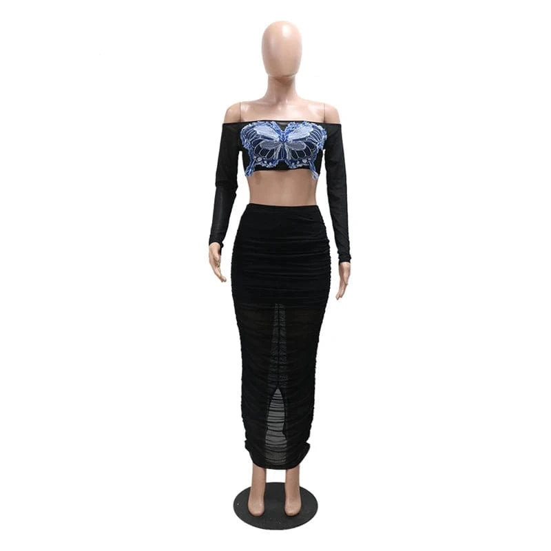 summer 2024 women ladies sexy beach mesh sheer two 2 piece butterfly crop top and long skirt bodycon set for women with skirt