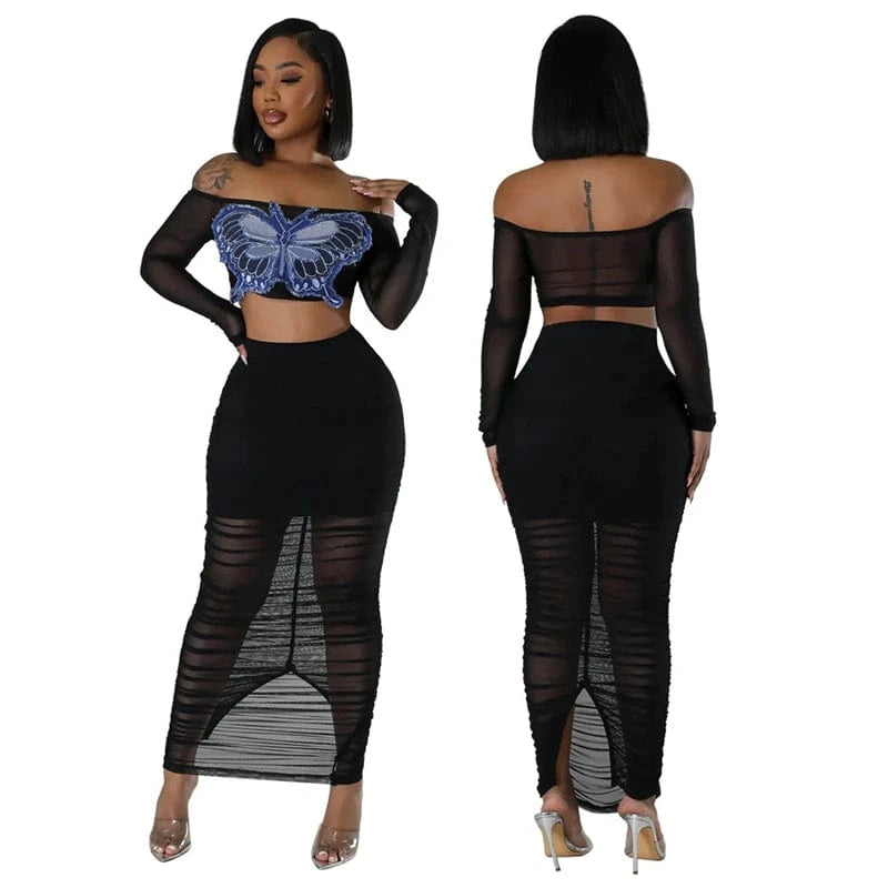 summer 2024 women ladies sexy beach mesh sheer two 2 piece butterfly crop top and long skirt bodycon set for women with skirt