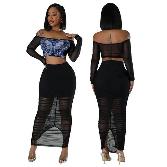 summer 2024 women ladies sexy beach mesh sheer two 2 piece butterfly crop top and long skirt bodycon set for women with skirt