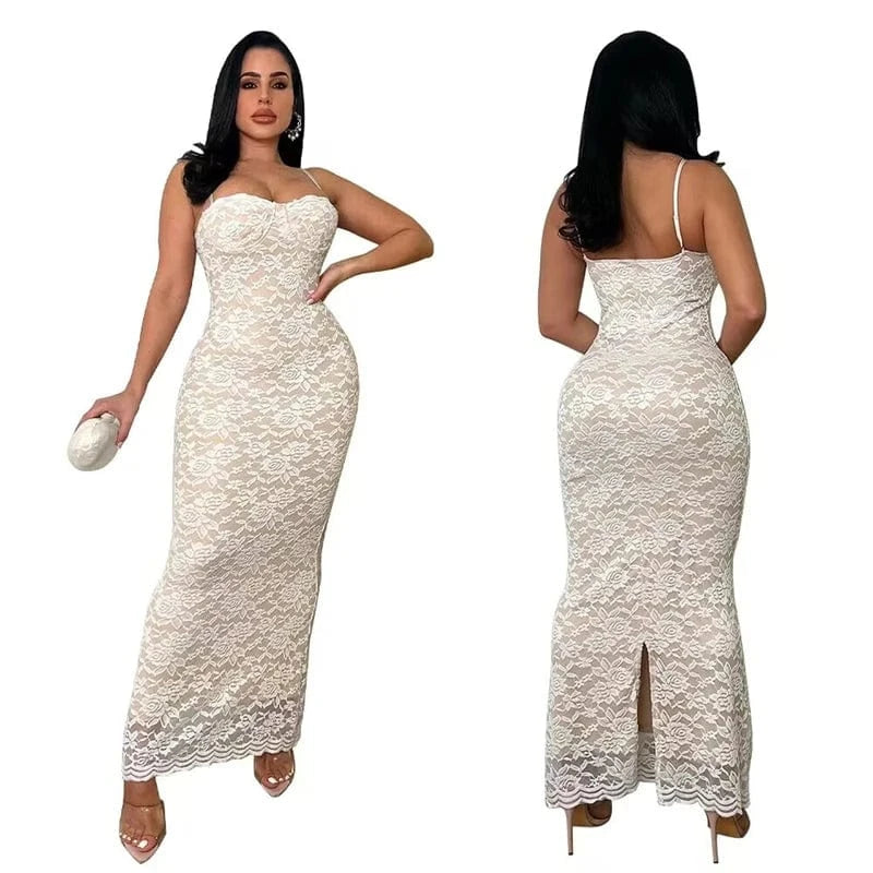 summer 2024 women ladies sexy sleeveless maxi long white lace fabric elegant wedding evening gown dress for women graduation