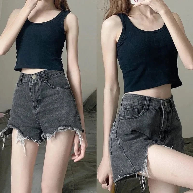 Summer 2024 women plus size high waisted ripped A-line ruffled hot pants